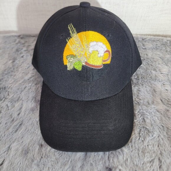 Brewery Branding Other - Beer Mug Hops Wheat Embroidered Hat Black Adjustable Baseball Cap Brewery Theme